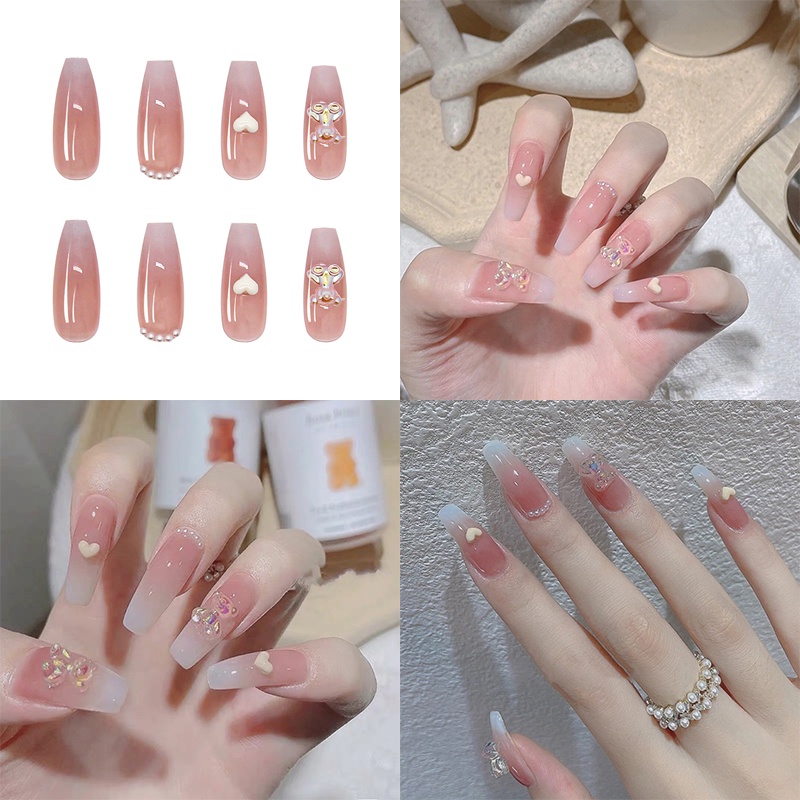 [Hàng Mới Về] Bộ 24 Móng Tay Giả Trong Suốt Đính Nơ Đá Thời Trang Đáng Yêu Kèm Keo Dán Dành Cho Nữ