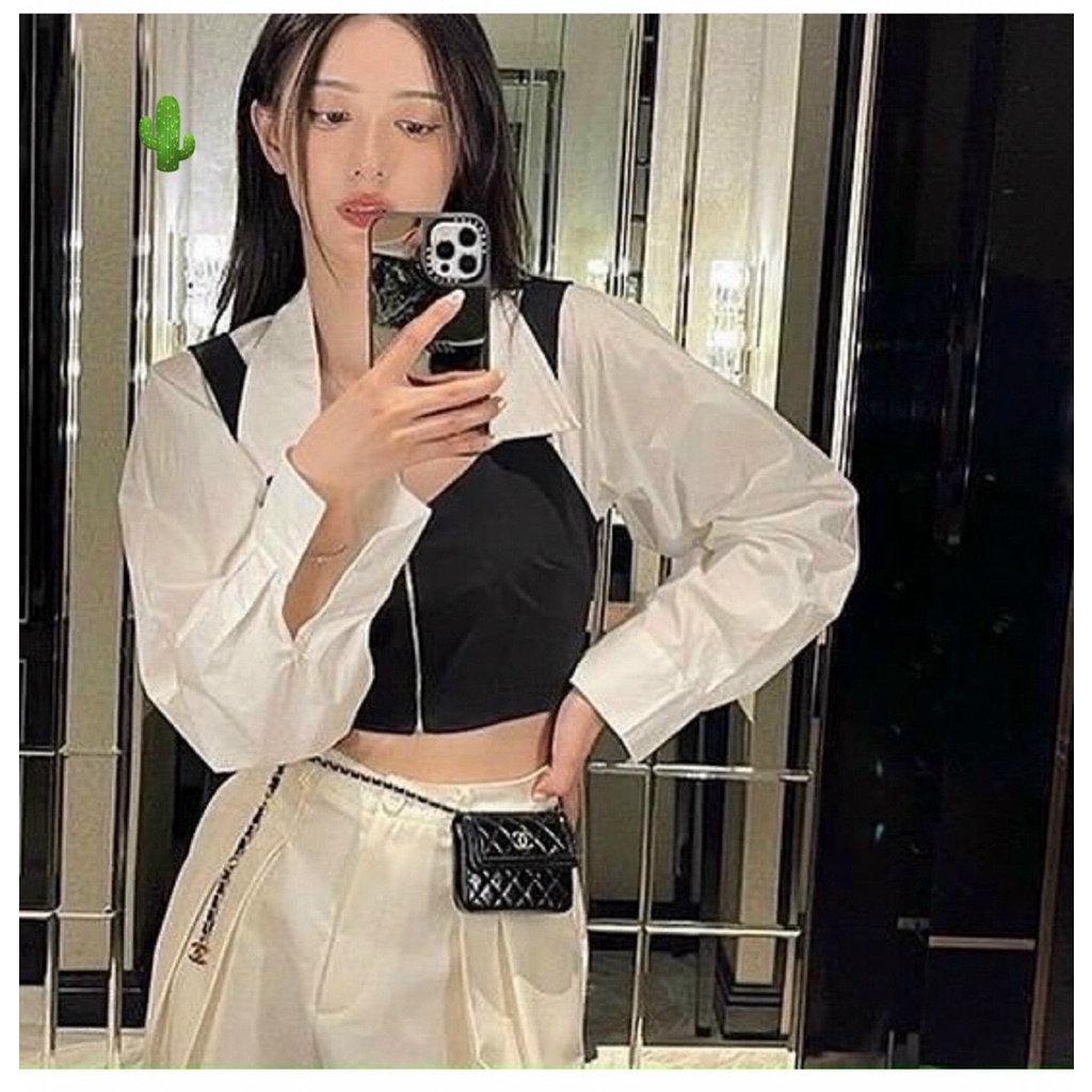 Áo kiểu cổ sơ mi phối 2 màu dây kéo giữa cực hot , chất kate phối thun mềm mịn