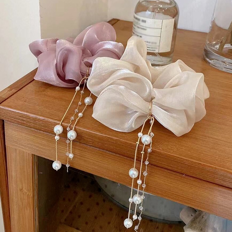 Women Elegant Pearls Rhinestone Tassel Hair Tie/ Elastic Large Intestine Hair Bands