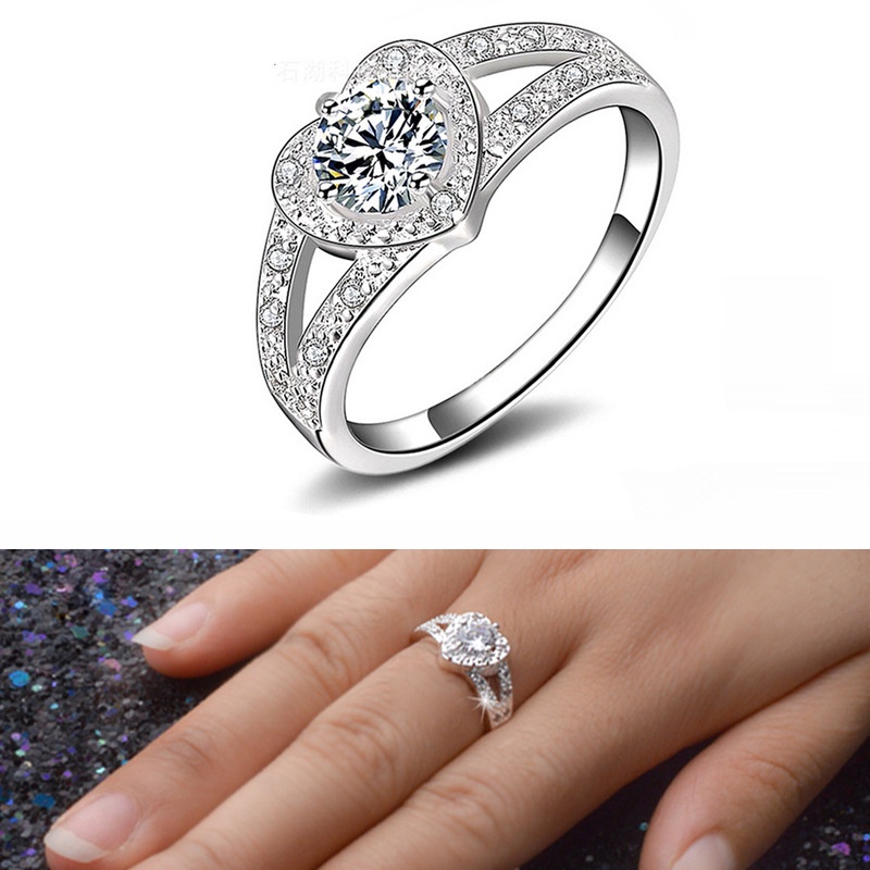 Nhẫn Cưới Mạ Bạc 925 Hình Trái Tim Đính Đá Pha Lê Tinh Tế Cho Nữ