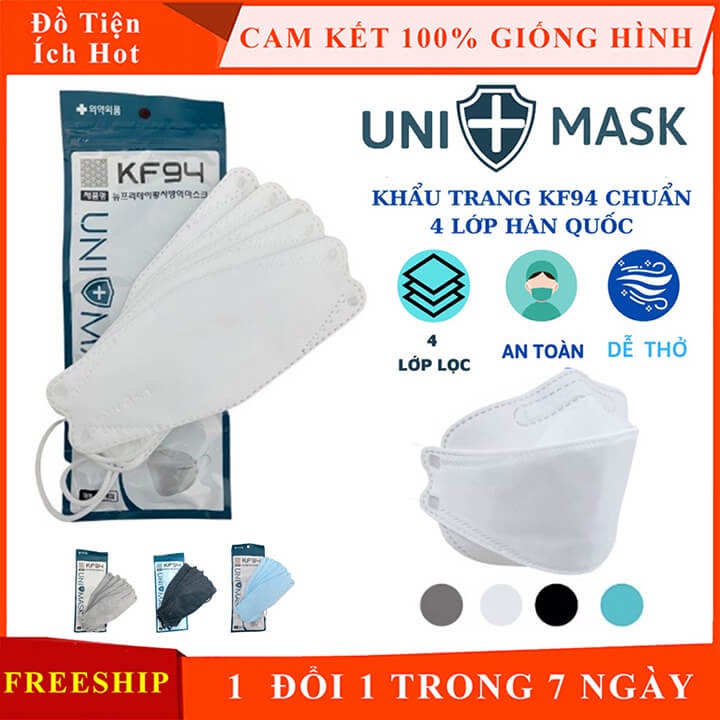 Khẩu trang 4D KF94 Uni Mask kháng khuẩn chống bụi mịn cao cấp công nghệ Hàn Quốc, Khẩu trang 4 lớp đủ màu
