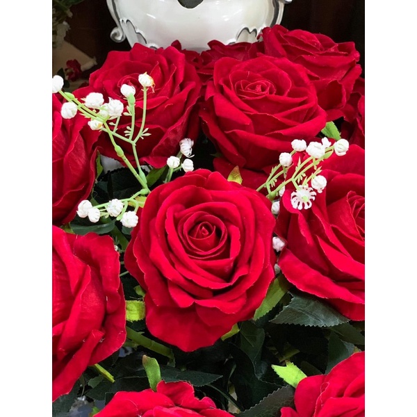 Bình Hoa hồng giả,hoa lụa chất liệu nhung tươi tắn giống thật, trang trí nội thất,phòng ngủ,phòng khách,làm quà tặng