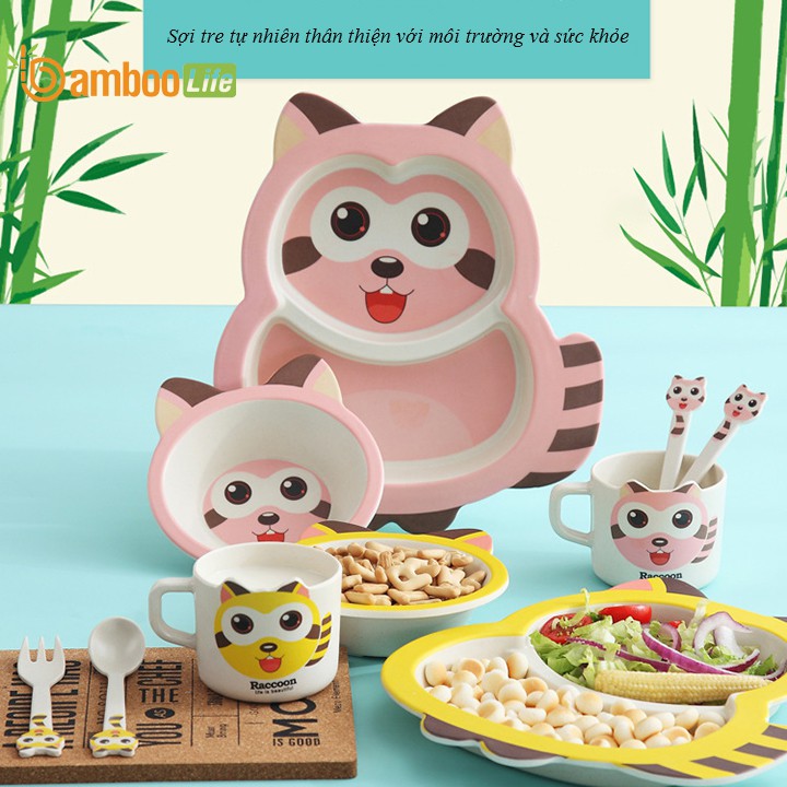 Bát ăn dặm cho bé sợi tre Bamboo Life BL007 khay ăn dặm gồm 5 món gồm thìa, dĩa, khay, bát, cốc hình con mèo cute