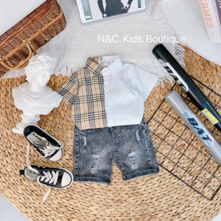 Bộ đồ bé trai Sét bộ sơ mi phối quần jean size 8-22kg