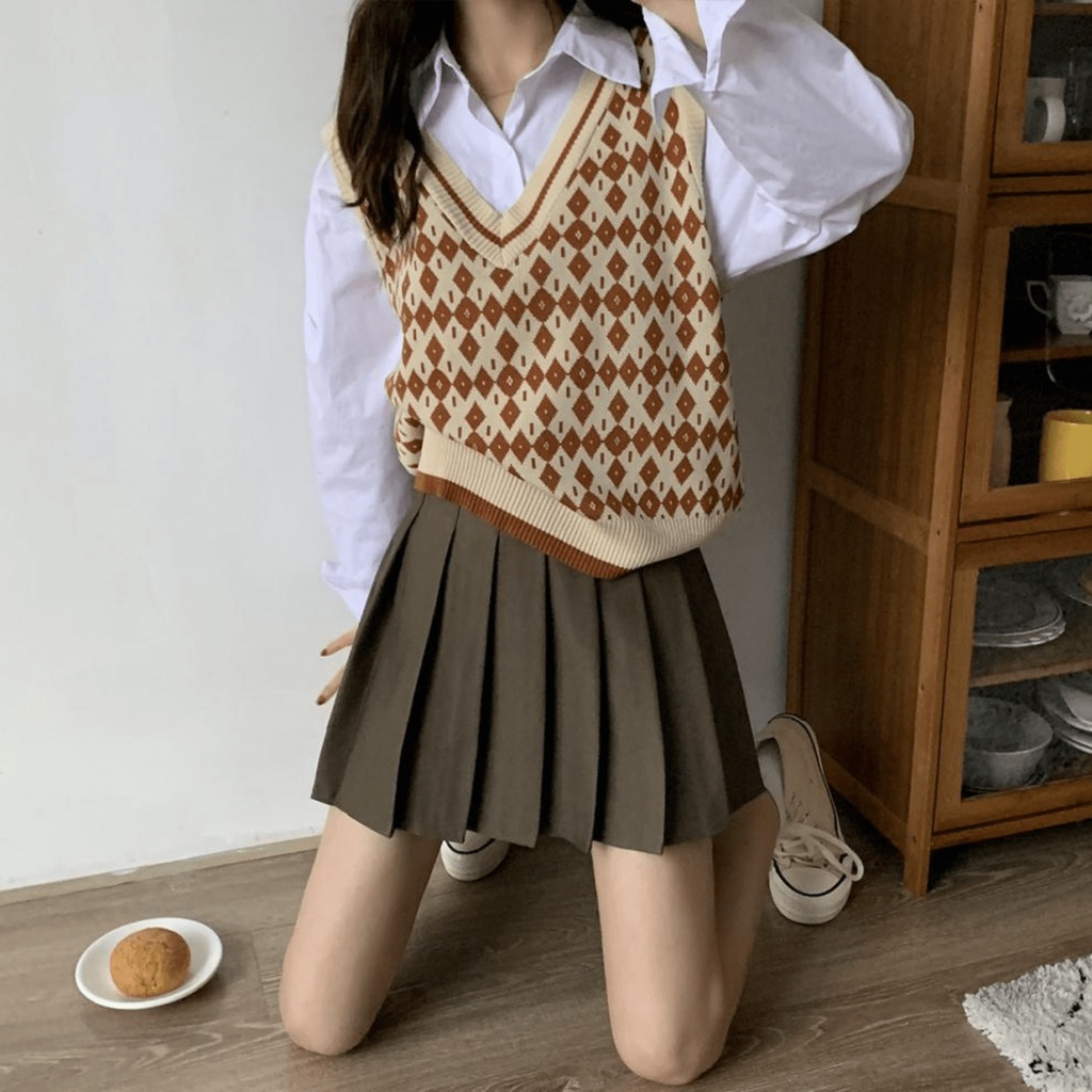 Áo gile nữ Chelgy vải len form rộng không tay hoạt tiết thổ cẩm hình thoi freesize Quảng Châu CG-GLHT104