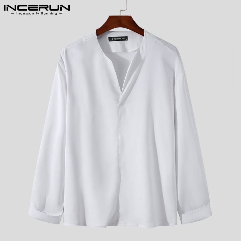 Áo sơ mi INCERUN mềm cổ chữ V tay dài phong cách Hàn Quốc thanh lịch cho nam