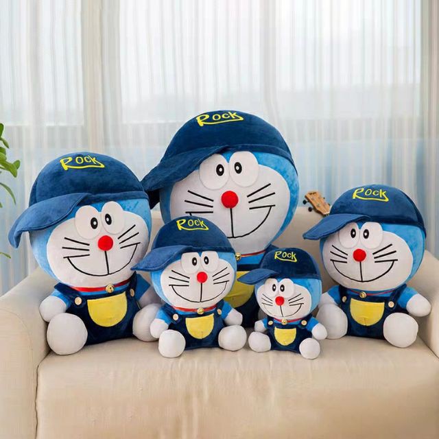 Gấu bông, gối ôm Doraemon đội mũ ngộ nghĩnh vải co dãn 4 chiều bông gòn 100%