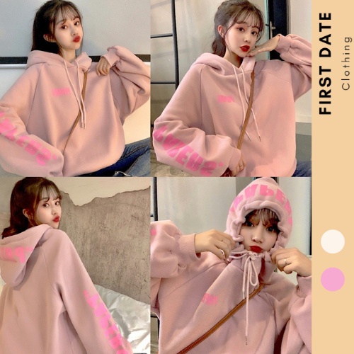 Áo hoodie nữ form rộng dài tay mũ trùm đầu FIRST DATE màu hồng dễ thương SMZ