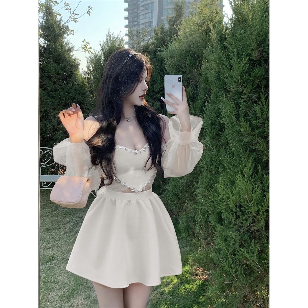 Bán Chạy Bộ Đồ Công Chúa Pettiskirt Hai Dây Khảm Đá Kim Cương Tinh Khiết Hình Trái Tim Phối Lưới May Tỉ Mắn + Eo Cao