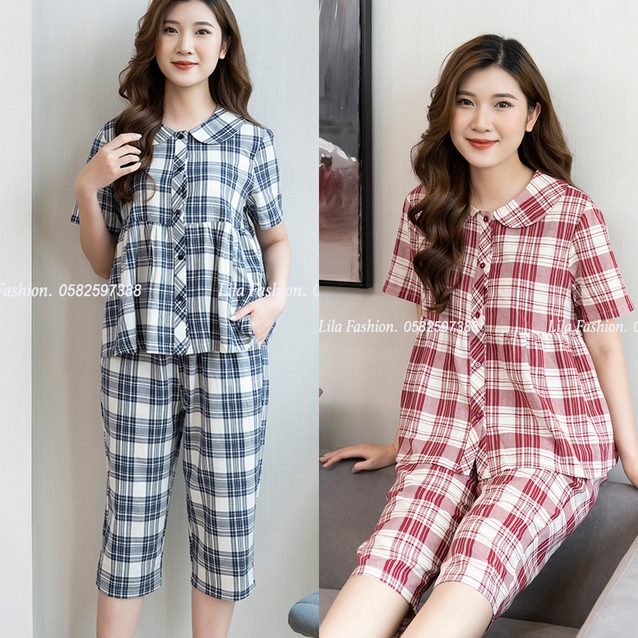 Bộ đồ nữ pijama mặc nhà kẻ caro cao cấp mềm mịn, mát khi mặc