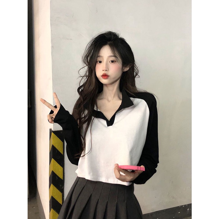 Jiashucheng Áo Thun Ngắn Tay Dài Dáng Rộng Màu Sắc Tương Phản Thời Trang Cho Nữ