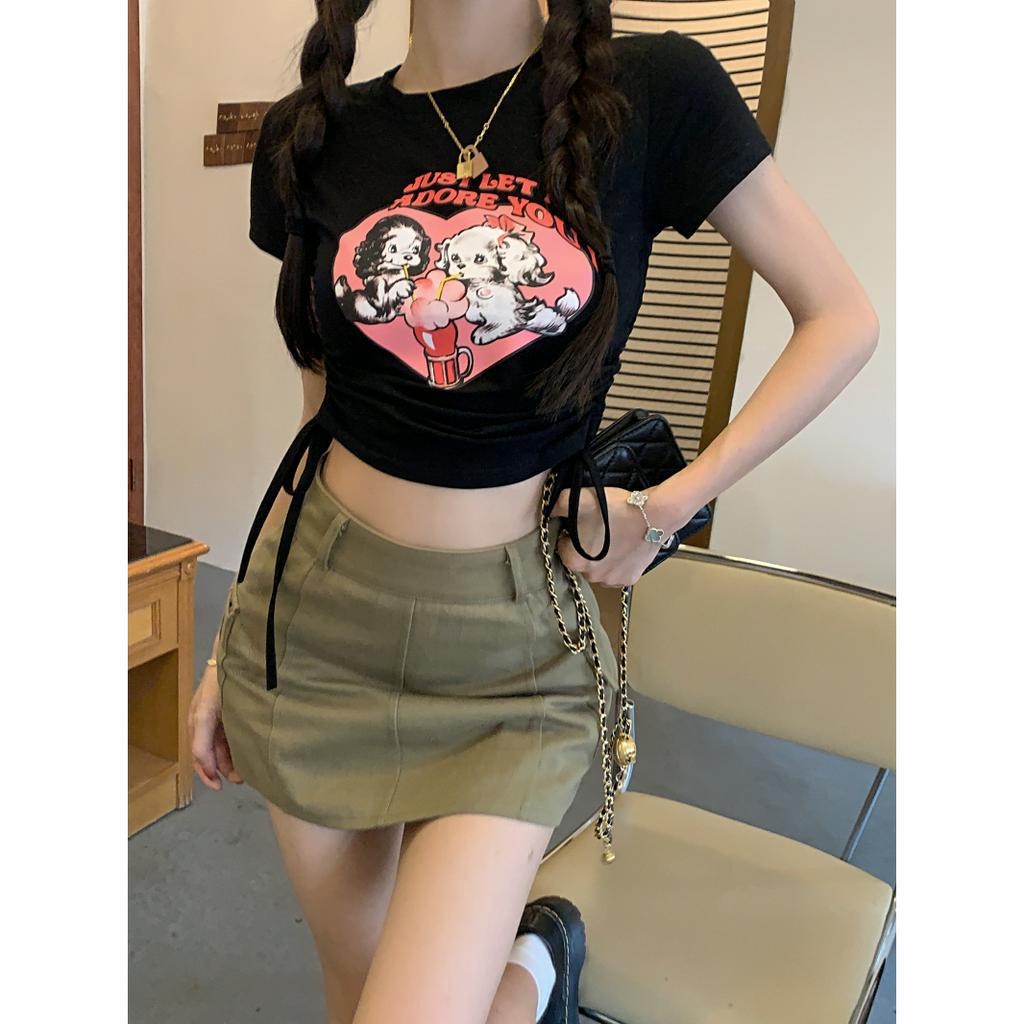 Áo Thun Crop Top Tay Ngắn Cổ Tròn In Hình Chú Chó Hoạt Họa Trái Tim Phối Dây Đeo Thời Trang Mùa Hè Mới Cho Bạn