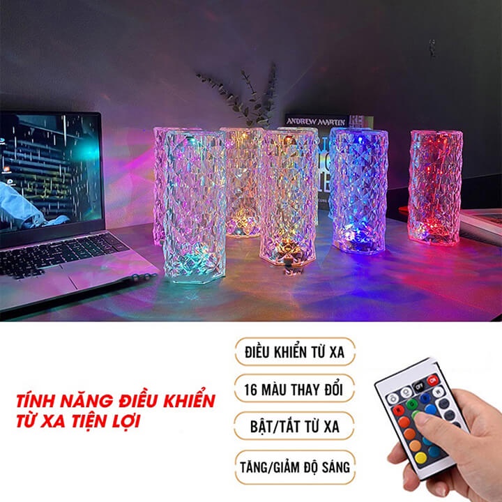 Đèn ngủ để bàn pha lê trang trí decor phòng hot tiktok Led RGB 16 màu, Cap sạc Type C - Tặng kèm điều khiển từ xa