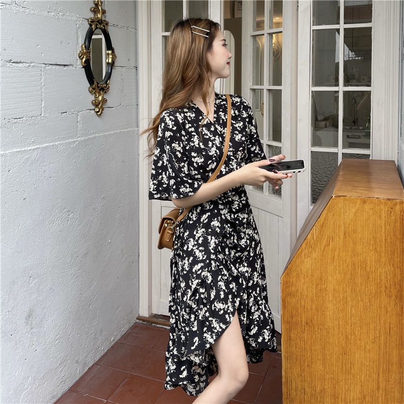 Đầm Midi Mùa Hè 2022 Dáng Ôm Tay Cộc Cao Cấp In Họa Tiết Hoa Cổ Điển Phong Cách Pháp Cho Nữ