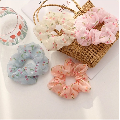 (Hàng quà tặng) Dây cột tóc vải Scrunchies hoạ tiết anh đào chất vải mịn cho bạn gái