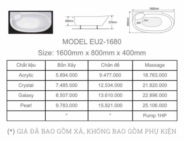 BỒN TẮM ẺUOCA DÀI 1 YẾM  - MODEL EU2-1680 - BẢO HÀNH 3 NĂM