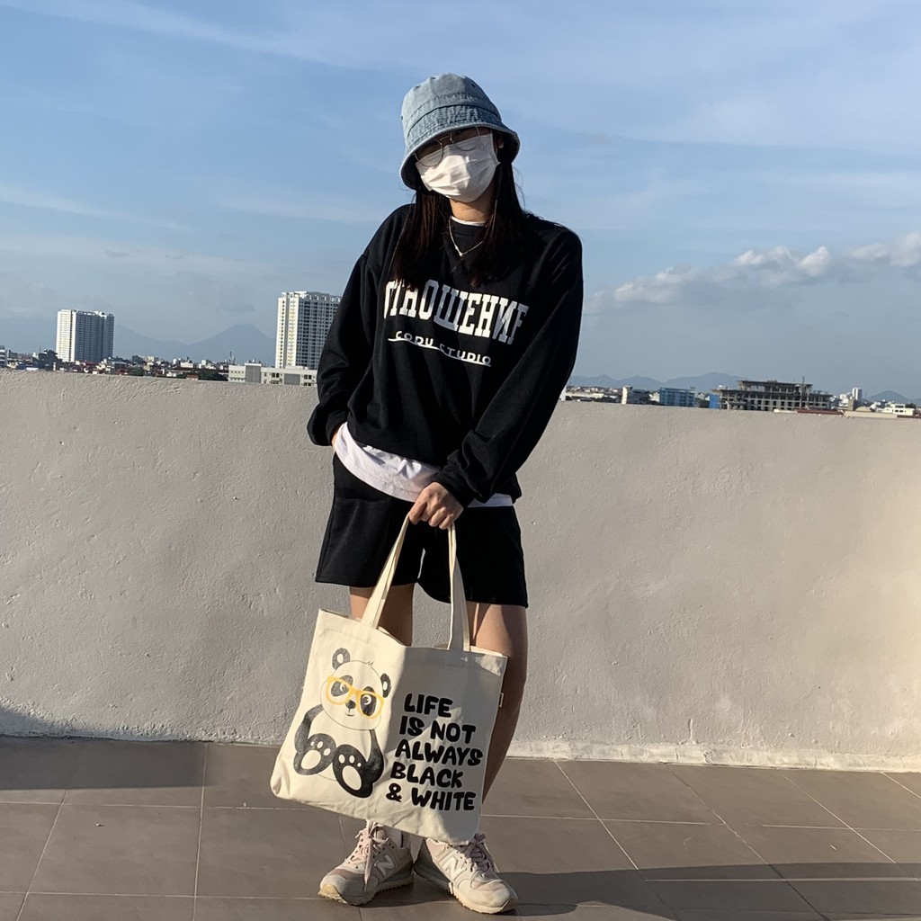 Túi vải tote cỡ lớn đi học đi chơi hình Gấu Trúc dễ thương