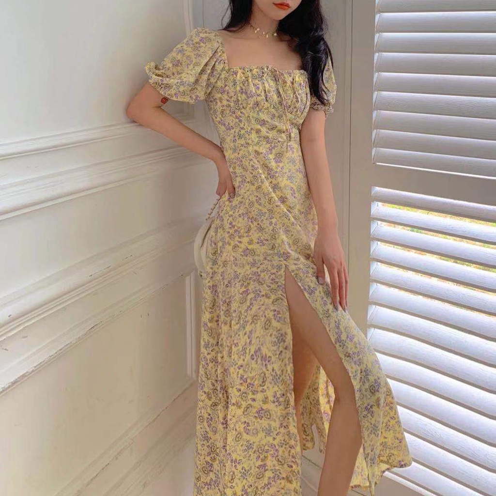 Đầm Dài Cổ Vuông Xẻ Tà In Họa Tiết Hoa Nhí Xinh Xắn Thời Trang Phong Cách Kiểu Pháp Cho Nữ