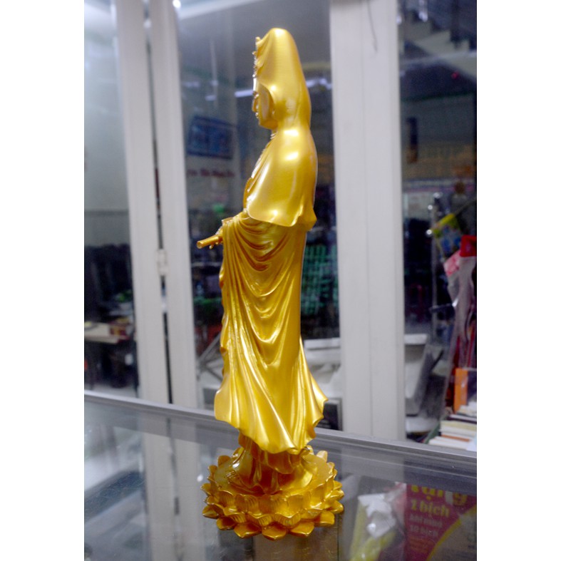 Tượng  Quan Thế Âm Bồ Tát đứng sơn nhũ vàng cao 37cm GIÁ TỐT NHẤT THỊ TRƯỜNG