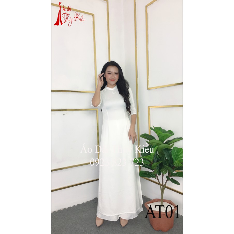 Áo dài Thúy Kiều trơn lụa Tây Thi cổ tàu màu trắng AT01