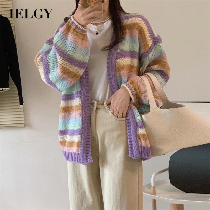Áo cardigan dệt kim IELGY họa tiết sọc cầu vồng thời trang cho nữ
