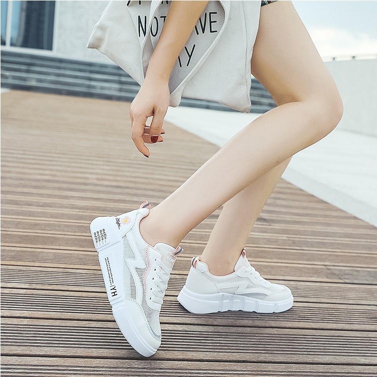 Giày Nữ Thể Thao Đế Độn Sneaker Cao Cấp Lưới Trắng Siêu Thoáng Thêu Hoa Đẹp Style Cá Tính Thời Trang Hot Trend Của Năm