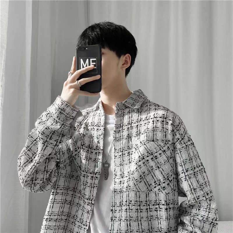 Áo khoác len tay dài dáng rộng kẻ sọc caro trắng đen thời trang thu đông phong cách Hàn Quốc cho nam và nữ