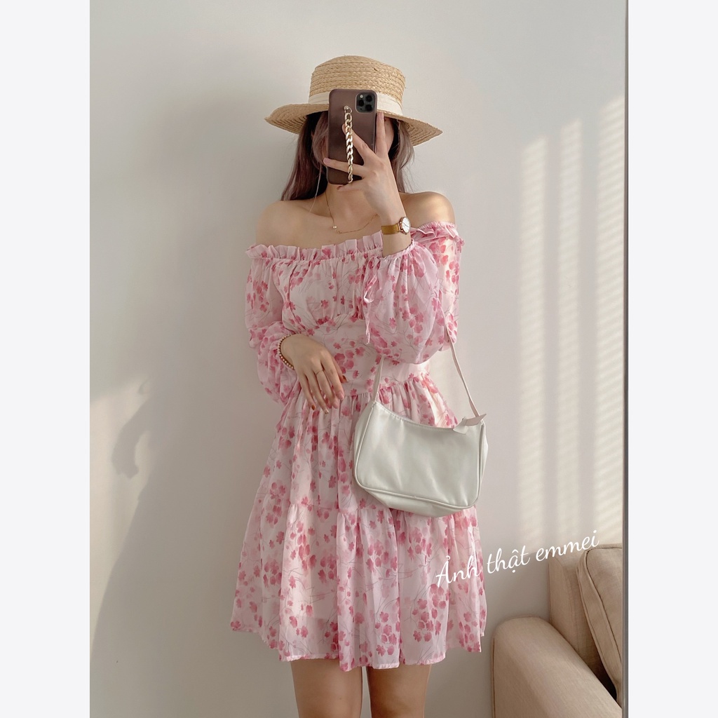 Đầm hoa nhí trễ vai, váy hoa nhí cúp ngực Emmei v131