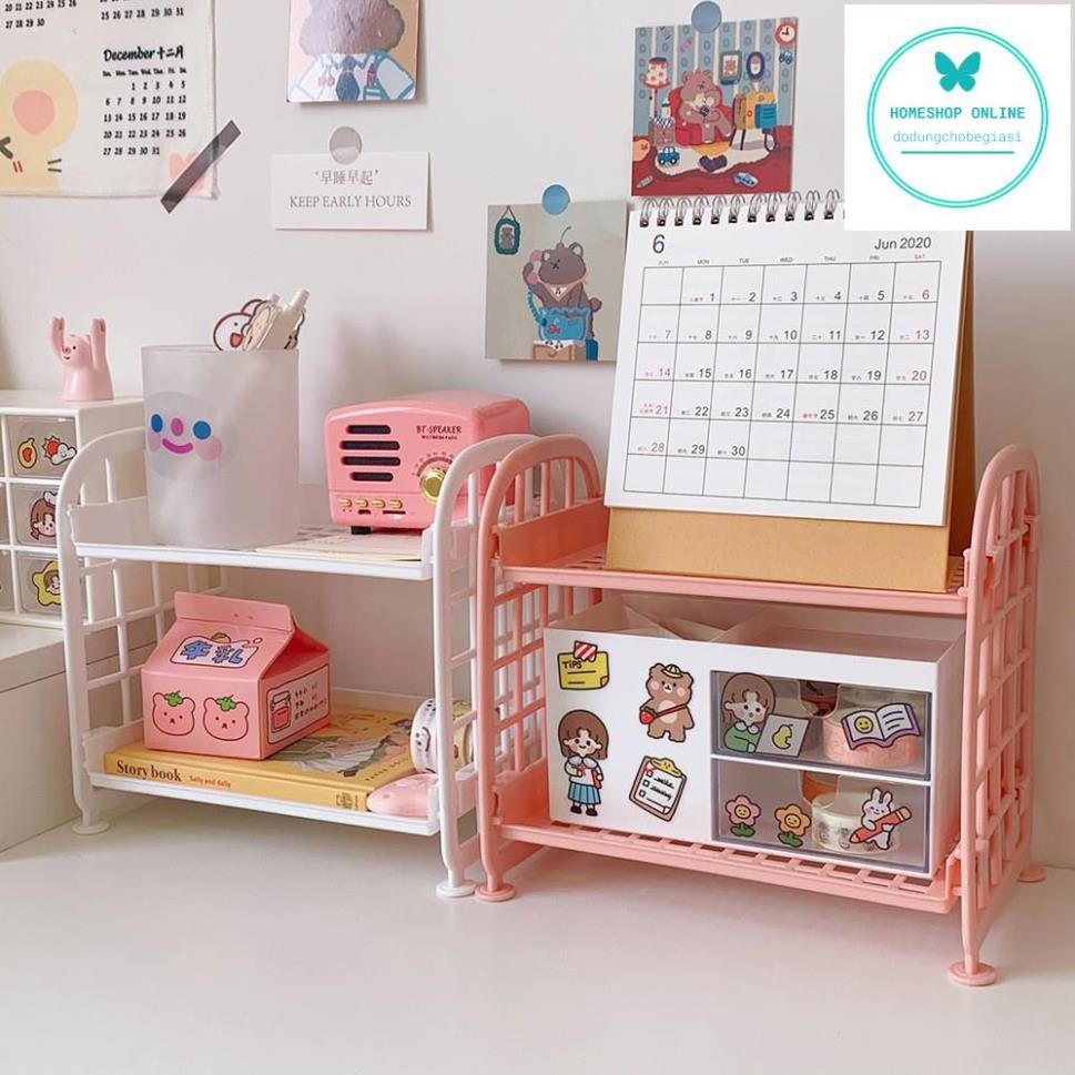 Kệ nhựa mini 2 tầng đựng đồ đa năng siêu xinh góc học tập tặng kèm sticker dán trang trí