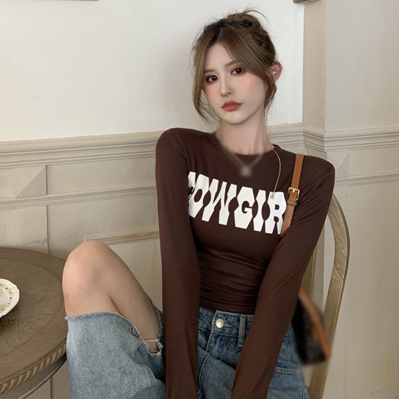 Áo Thun Tay Dài Cổ Tròn In Chữ Dáng Ôm Thời Trang Mùa Thu Quyến Rũ Cho Nữ