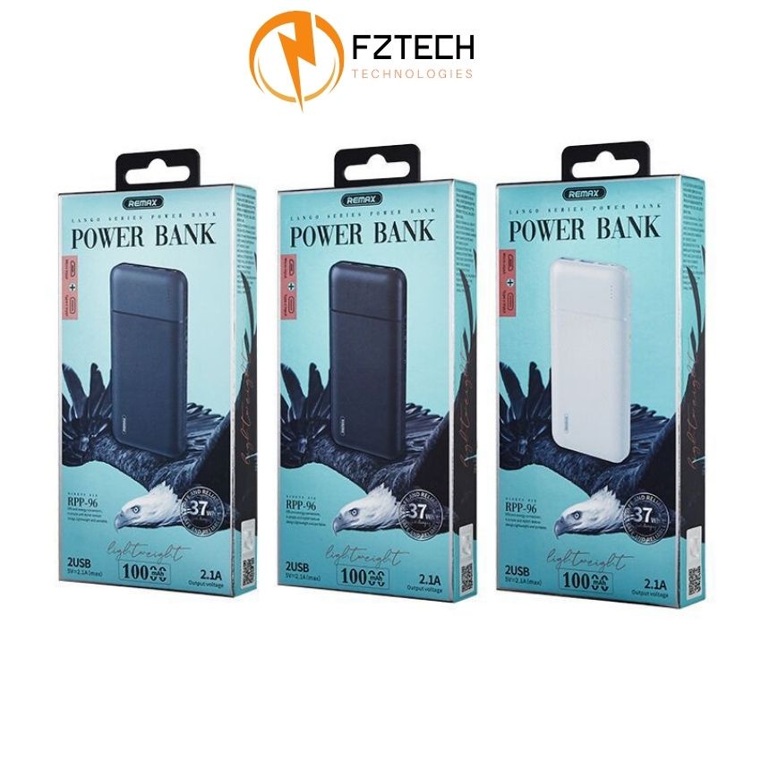 Sạc dự phòng 10000mah Remax RPP-96 FZTECH Pin dự phòng 2 Cổng ra USB sạc nhanh 2.1A dùng cho iPhone, Samsung, Android…