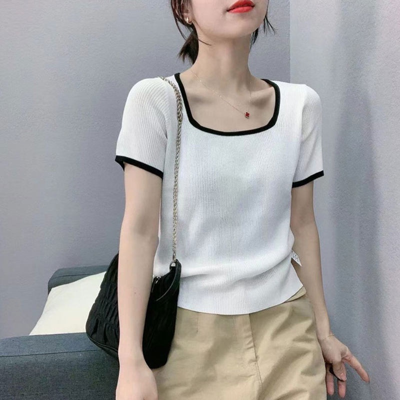 Áo Thun Tay Ngắn Cổ Vuông Mỏng Thoáng Khí Màu Sắc Đa Dạng Phong Cách Hàn Quốc Cho Nữ