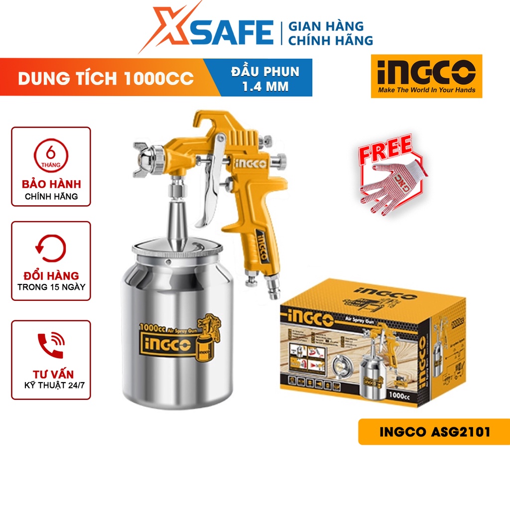 Súng phun sơn INGCO ASG2101 - Đầu phun tiêu chuẩn 1.4mm, dung tích bình sơn 1000cc, đầu phun 1.3-2.5mm [CHÍNH HÃNG]