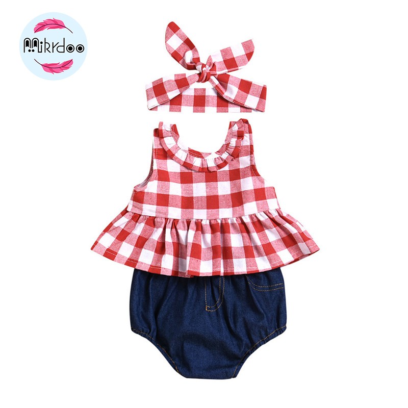 Bộ đồ MIKRDOO gồm áo không tay và quần denim phối băng đô xinh xắn đáng yêu dành cho bé gái