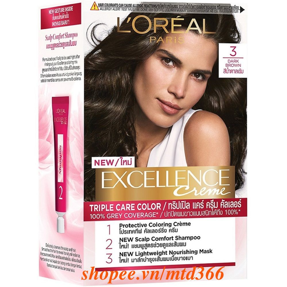 Thuốc Nhuộm Tóc Số 3 Nâu Đen Loreal Excellence Cream 172ml Dưỡng Tóc Phủ Bạc.