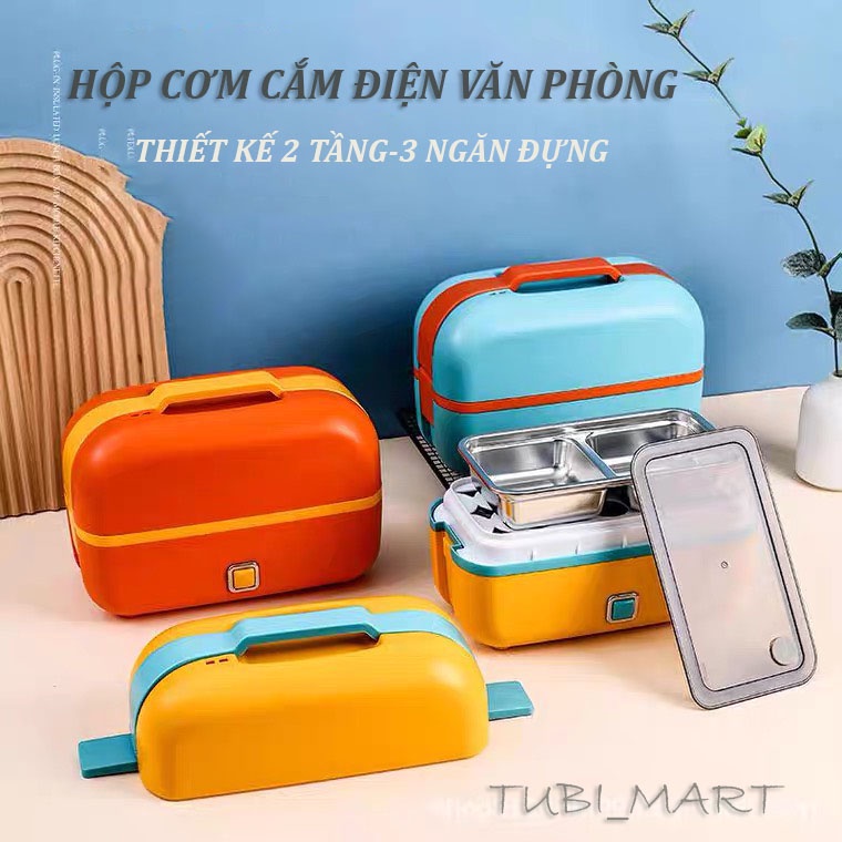Hộp cơm cắm điện làm nóng đồ ăn, 2 tầng, dung tích 1,5l, Khay inox không han, an toàn sức khỏe