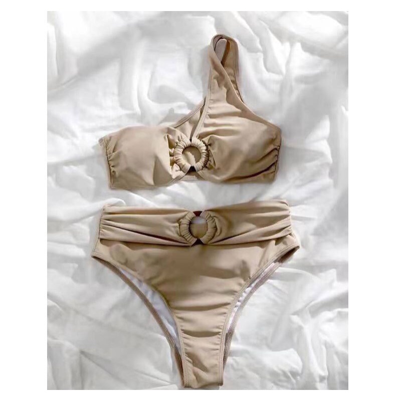 Bikini lệch vai phối khoen xám nude