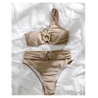 Bikini lệch vai phối khoen xám nude