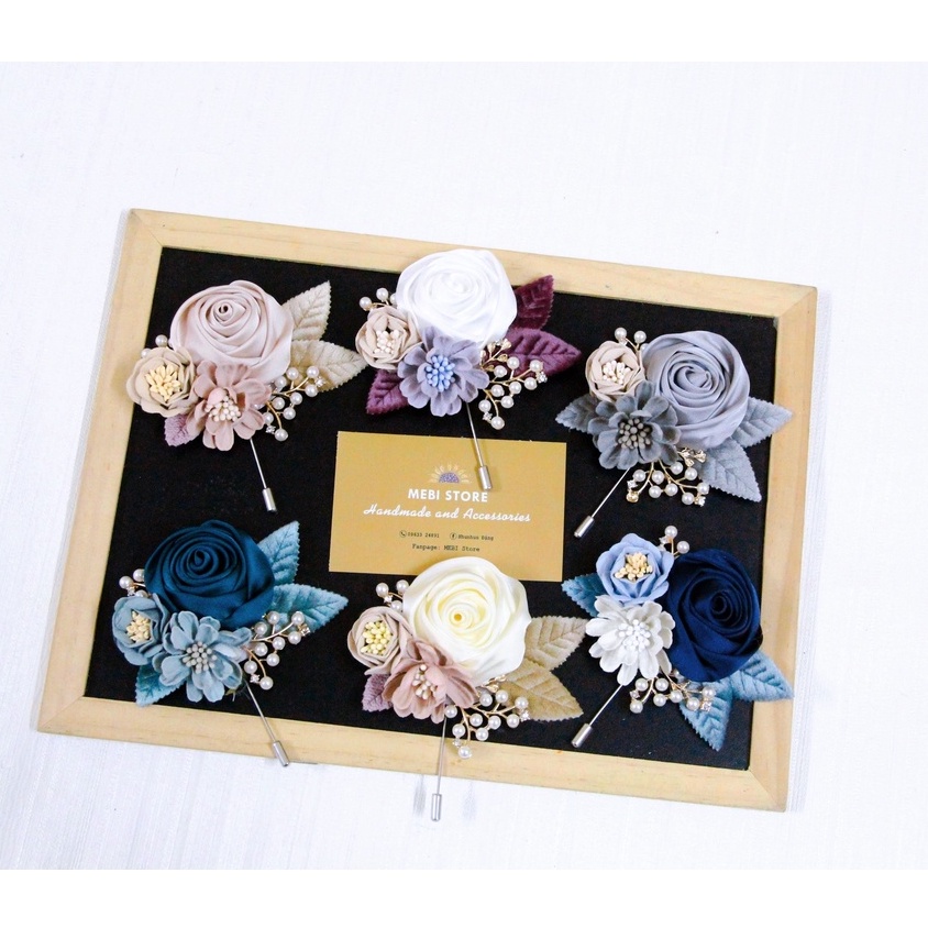 Hoa cài áo handmade mẫu hồng cuộn mix 2 hoa dạ và cành trai siêu xinh