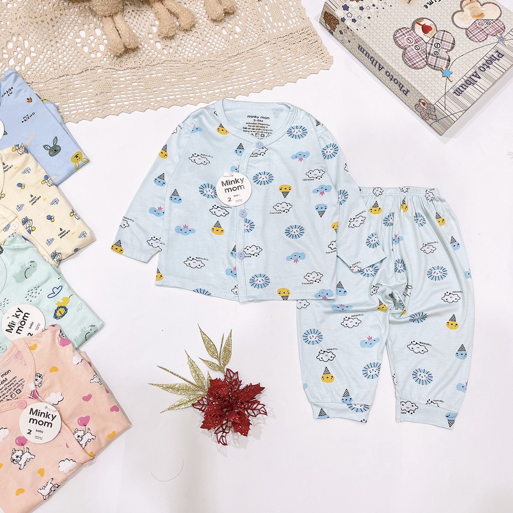 Bộ Quần Áo  Dài tay Thun Lạnh Minky Nền Màu Họa Tiết  Cho Bé Từ 3-9kg