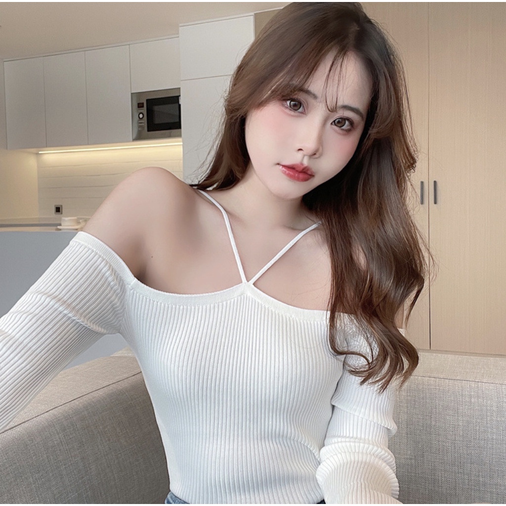 [Augustcloth] Áo croptop vải gân trễ vai tay dài trắng dây chéo cổ phong cách Hàn Quốc