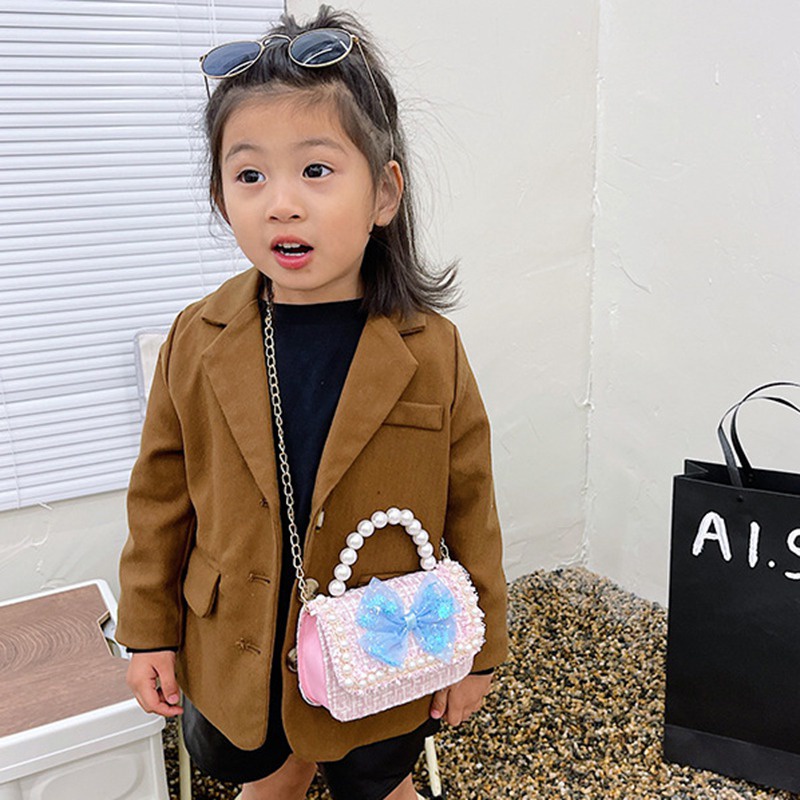 Túi đeo chéo mini đính hạt ngọc trai nhân tạo trang trí gấu/ thỏ hoạt hình đáng yêu dành cho trẻ em