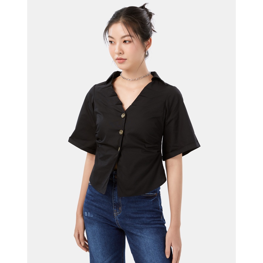Áo Sơ Mi Nữ Thời Trang JUNO Xếp Ly Cổ, Tay Ngắn JNAKI008