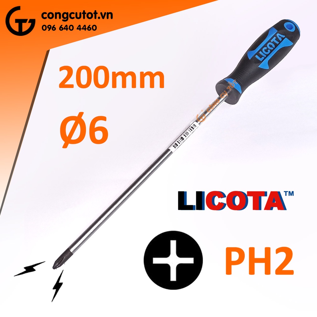 Tô vít cán cao su chống dầu 200mm thép CrV Ø6 PH2 Đài Loan Licota ASD-522002
