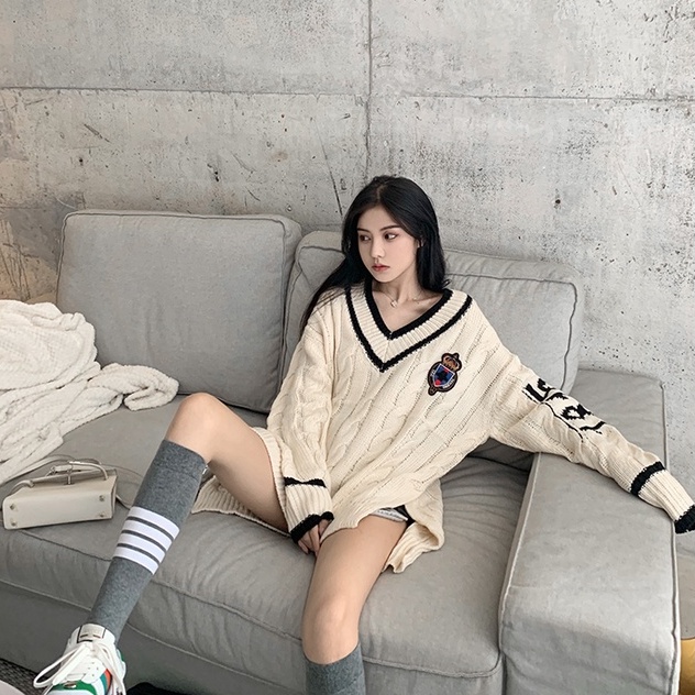Áo len nữ tay dài cổ chữ V thời trang Hàn Quốc