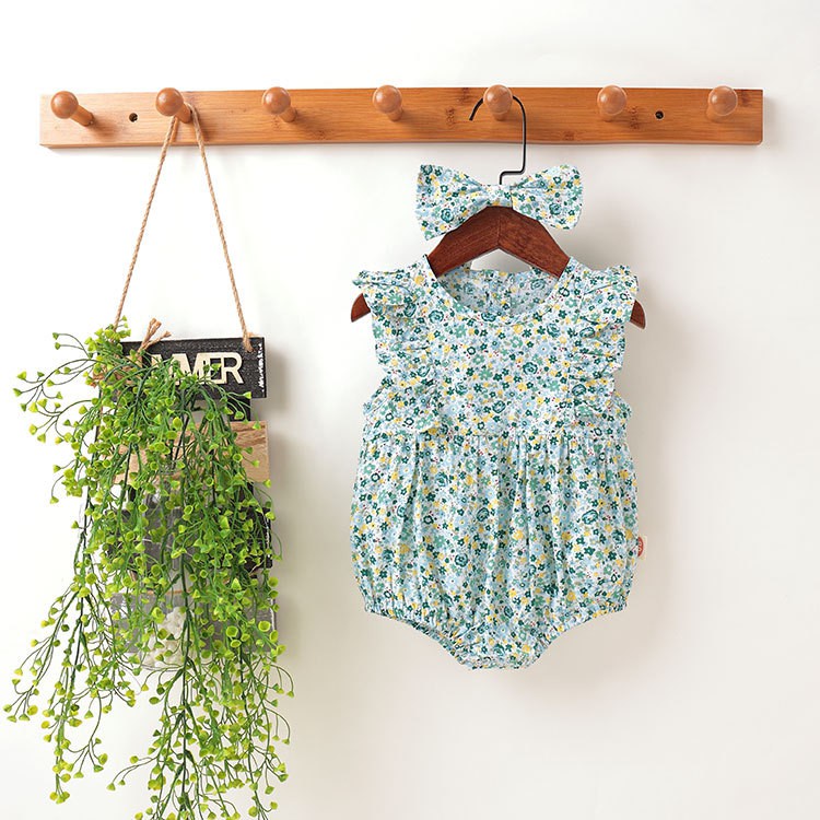 Bộ Áo Liền Quần Bằng Cotton Trơn In Hoa Màu Xanh Lá Thời Trang Xuân Hè Cho Bé Gái Sơ Sinh 0716