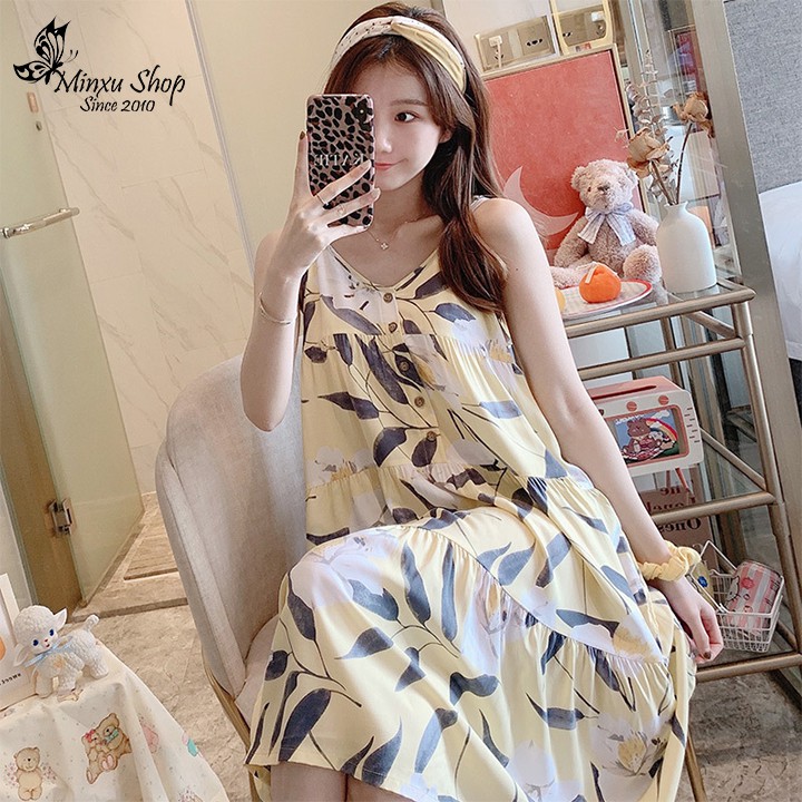 Đầm Ngủ Hai Dây Cao Cấp Minxu Shop, Váy Mặc Nhà Vải Lanh Mát Lịm, Giả Cúc Ngực Quyến Rũ Freesize 45-75kg (VL122)
