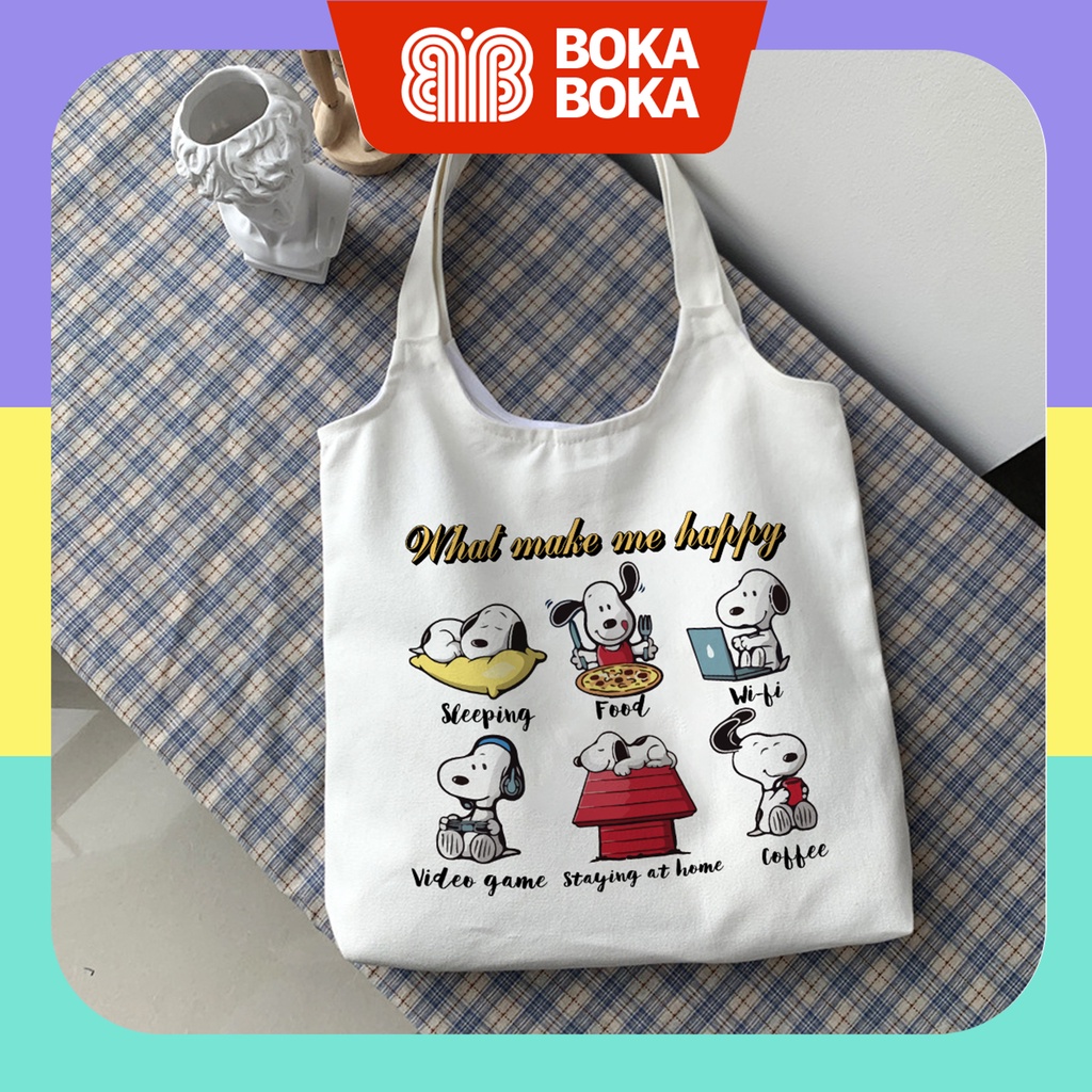 Túi vải Snoopy đẹp để vừa A4 tote canvas quai tròn có khóa miệng túi