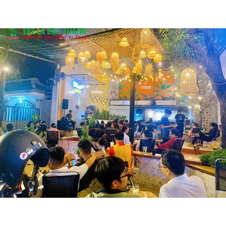 Chao đèn mây tre thả trần quán coffee, đèn chao cạp gỗ