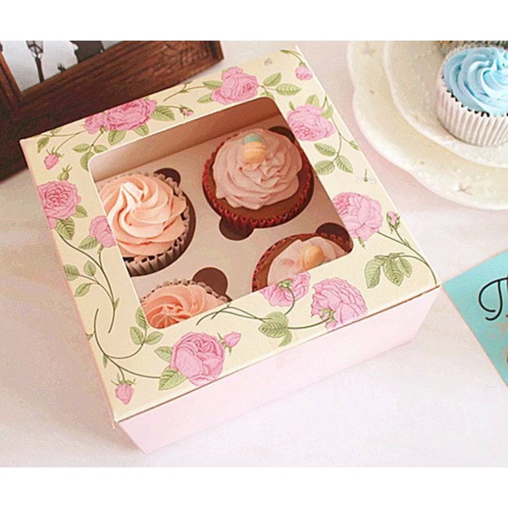 Hộp giấy hồng hình hoa đựng 4 bánh cupcake